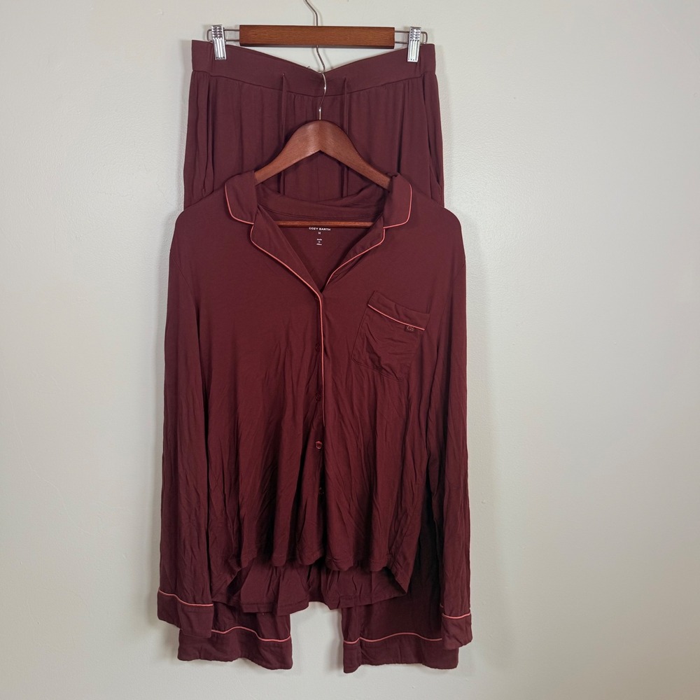 Women’s Burgundy Pajama Set with Contrast Piping
